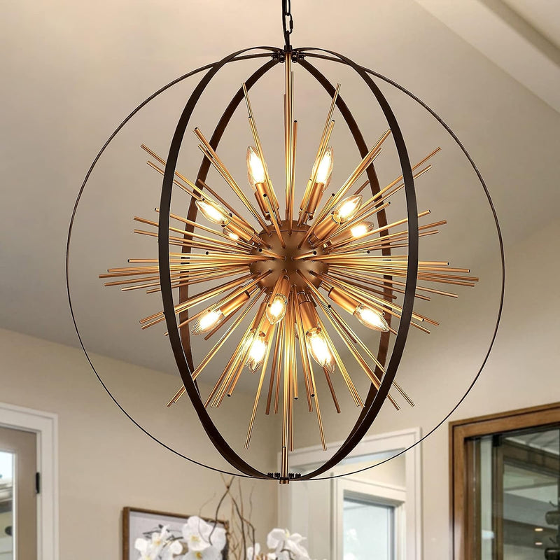 15.8'' Black Gold 8-Light Sputnik Chandelier Modern Industrial Adjustable Hanging Geometric Pendant Light Fixture for Entryway Foyer Stairway Hallway Bedroom Living Room Kitchen Island