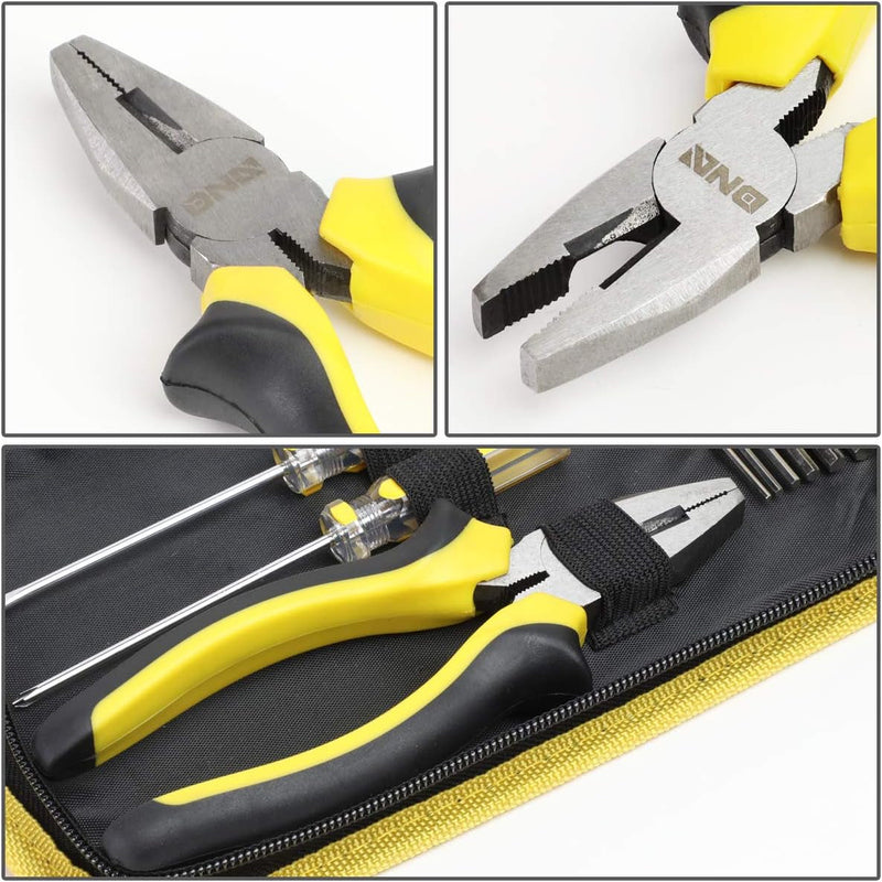 DNA Motoring TOOLS-00029 16 Piece Mechanic'S Home Repair Tool Set with Carrying Case, Includes Pliers, Wrench, Hex Key, Screwdriver, Spirit Level, and Tape Measurer, 1 Set, Yellow/Black