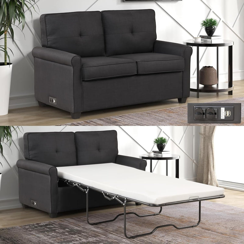 2 in 1 Pull Out Sofa Bed, Loveseat Sleeper Sofa with Mattress USB Ports, Convertible Pull Out Couch for Living Room, Small Space, Apartment, Black Fabric