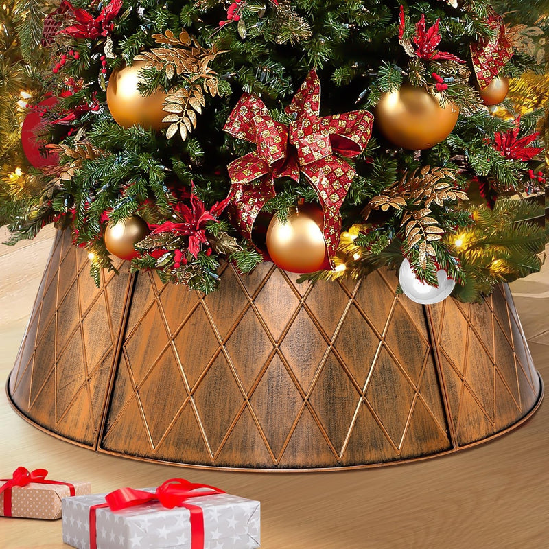 28" Metal Christmas Tree Collar, Christmas Tree Collar Skirt Base Stand for Real or Artificial Trees Christmas Tree Ring Collar Cover for Xmas Holiday - Adjustable (Bronze-Rhombus)