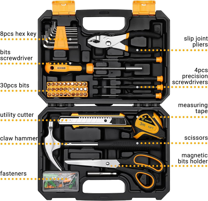 DEKOPRO General Household Hand Tool Kit with Plastic Toolbox Storage Case, All Purpose Home Tool Kit Includes Essential Tools for Office College Repairs, 50 Piece