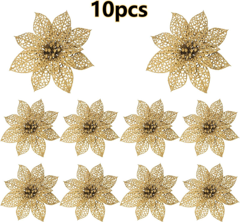 Crazy Night 12Pcs Gold Glitter Poinsettia Artificial Flowers,Christmas Tree Decorations,Wedding Xmas New Year Wreath Ornaments