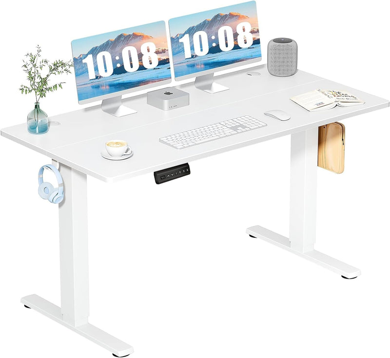 DUMOS, Electric Height Ergonomic Adjustable Memory Preset, Computer Stand up Desk with T-Shaped Bracket Suitable for Home Office, 55 X 24-Drawer, White