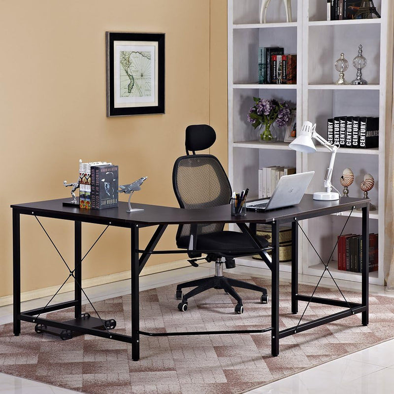 Dlandhome L-Shaped Computer Desk 59 Inches X 59 Inches, Composite Wood and Metal, Home Office PC Laptop Study Workstation Corner Table with CPU Stand, Brown Black and Black Legs, ZJ02-BB