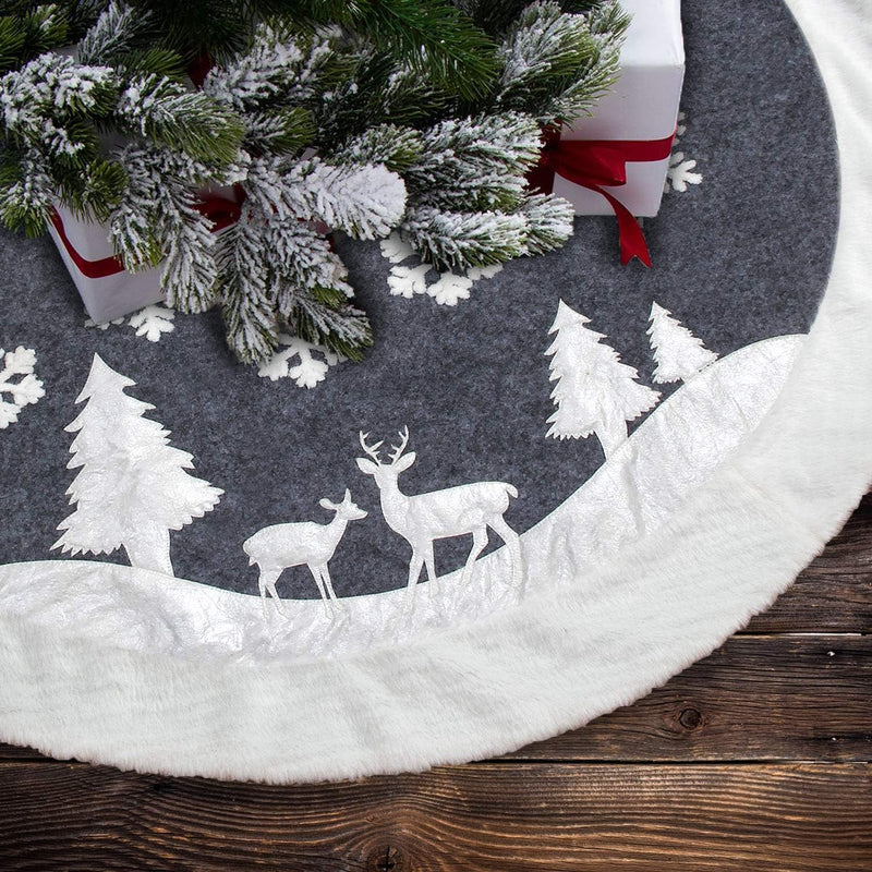 Christmas Tree Skirt, Fur Rustic White Xmas Tree Skirt,Snowy Christmas Trees Mat Decorations Indoors,Deer and Snowflake Pattern (48 Inches, White Deer)