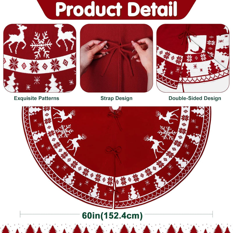 Christmas Tree Skirt 60 Inches, Knit Red Tree Skirt for 7Ft Tree to 9Ft Tree, Double-Sided Large Knitted Xmas Tree Skirt for Indoor Holiday Party Farmhouse Christmas Tree Decorations