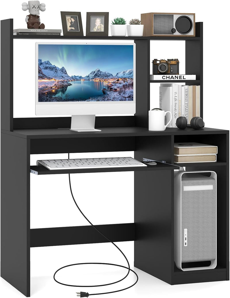 COSTWAY White Computer Desk with Storage Shelf, Wooden Writing Desk with Hutch, Office Desk with CPU Stand & Keyboard Tray, Home PC Desk with Bookshelf, for Bedroom, Study, Living Room