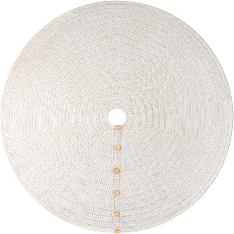 48-Inch Rib Knit Christmas Tree Skirt with Oak Buttons, Cream White