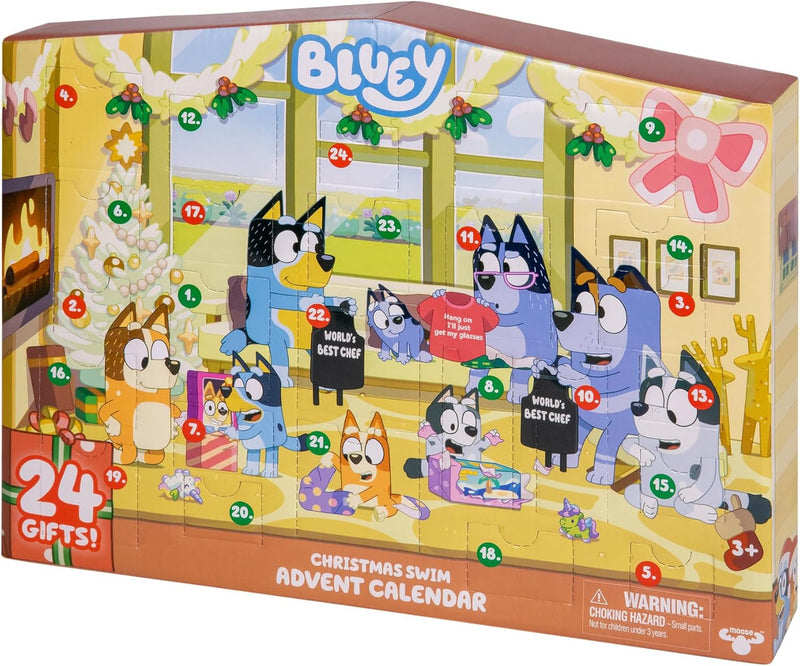 Bluey'S Christmas Swim Advent Calendar, This Very Festive Bluey Surprise Pack Has 24 Surprises behind 24 Different Windows, Includes 3 Christmas Swim Figures, 18 Accessories and 3 Stickers to Reveal