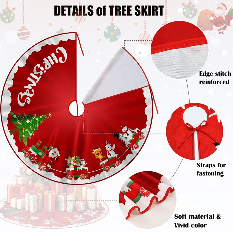 Christmas Tree Skirt Red White Cloth Christmas Tree Base Cover Skirts Decor for Xmas Party Holiday Home Garden (Christmas Train, 36Inch)