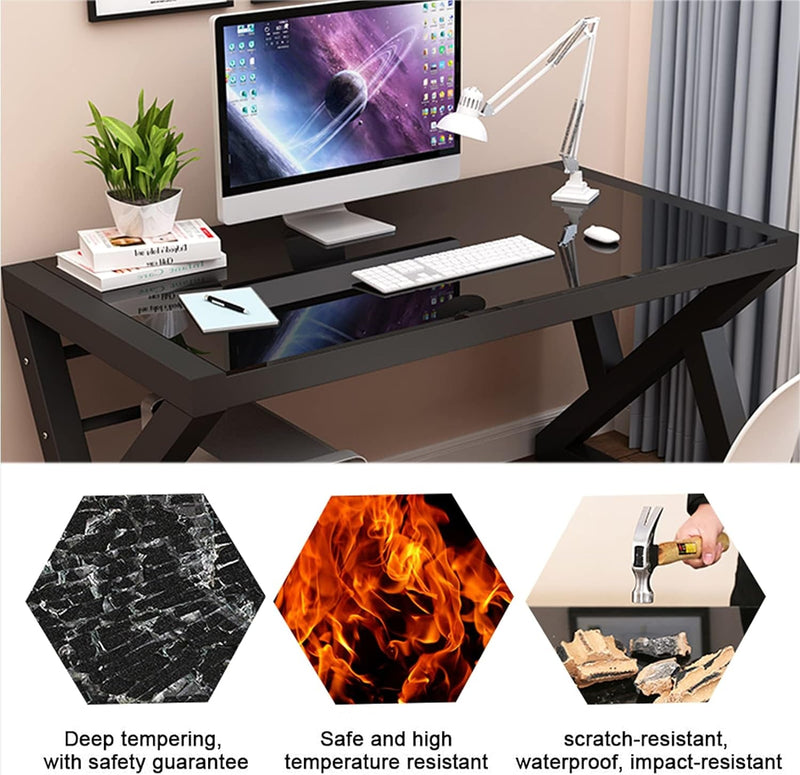 BINGTOO Glass Computer Desk- Office Desk Computer Table Modern Simple Office Study Gaming Work Writing Desk Table for Home Office, Black