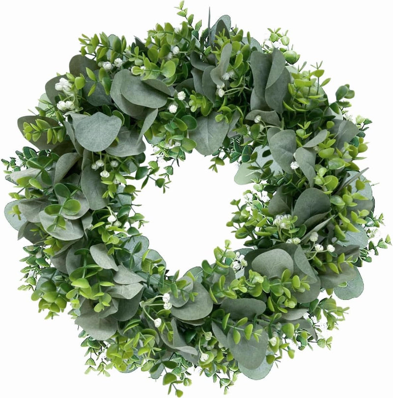 Artificial Eucalyptus Wreath for Front Door, Green Eucalyptus Leaves with White Flower Wreath Spring Summer Wreath for Wall Window Festival Thanksgiving Farmhouse Garden Home Decor