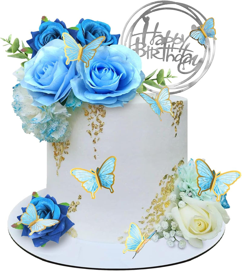 19 PCS Flower Cake Toppers Butterfly Happy Birthday Cake Decorations with Artificial Blue Rose Flowers Eucalyptus Butterflies for Party Wedding Baby Shower Supplies (Blue)