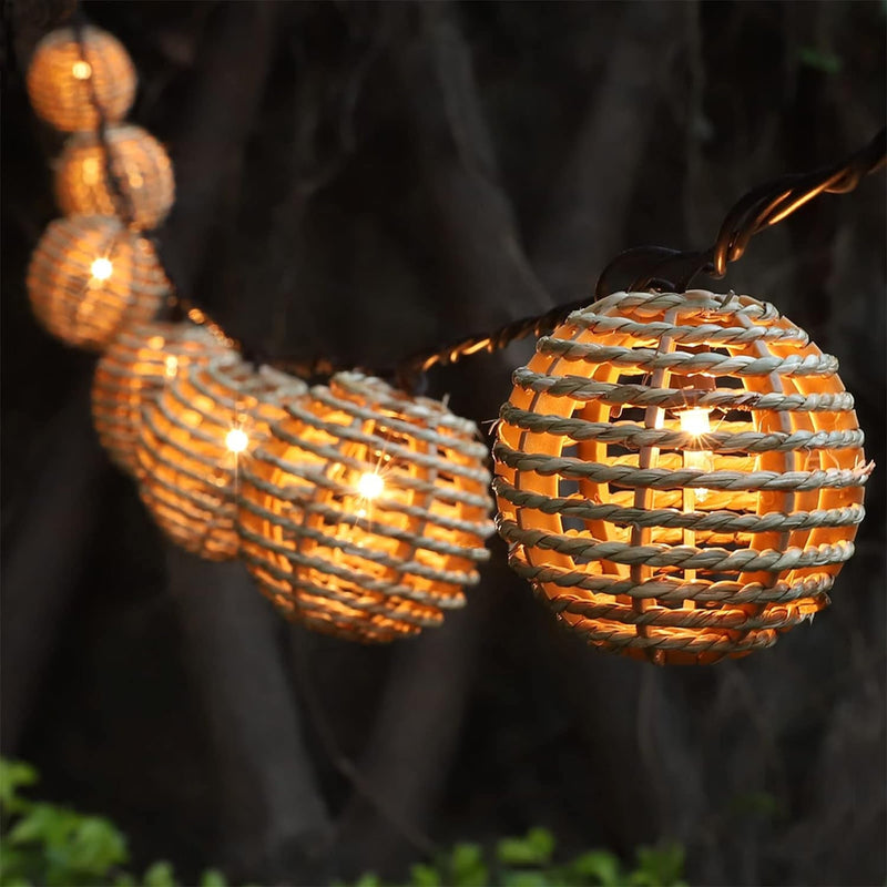 Decorative Lantern String Lights, 10 Mini Bulbs with Seagrass Rattan Wire Ball Style, UL Listed Connectable Weatherproof Indoor Outdoor Patio String Light Plug in for Home Pergola Porch Party Backyard