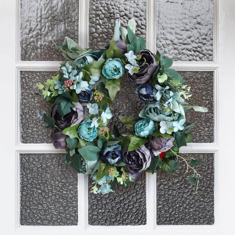 Artificial Peony Flower Wreath Door Wreath with Green Leaves Spring Wreath for Front Door, Wedding, Wall, Home Decor Blue