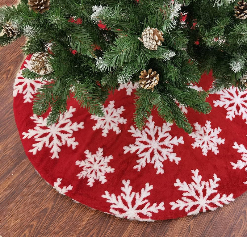 AISENO 48 Inch Faux Fur Christmas Tree Skirt White 3D Snowflake Decoration for Christmas Party Red Tree Skirt Xmas Decorations