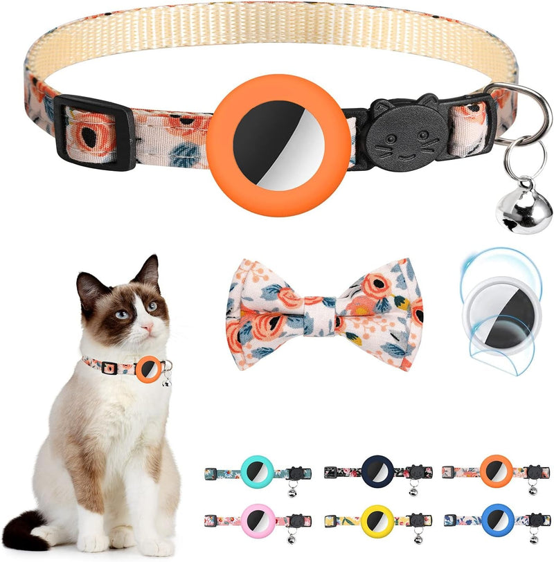 Airtag Cat Collar with Bell Adjustable Breakaway Kitten Collars:- Safety Buckle and Silicone Air Tag Holder Case Compatible with Apple Airtag Geometric Pattern Pet Collar (Cat Collar-Blue)