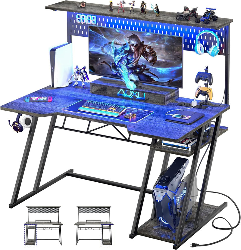 Gaming Computer Desk with Shelves and Outlets, Gaming Desk with Hutch and LED Lights, Reversible PC Gaming Desk with Pegboard, Carbon Fiber Black 47''Ba