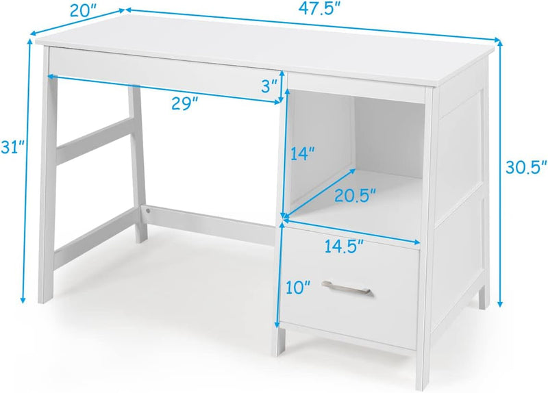 Computer Desk with Drawers, 47.5’’ Modern Office Desk with 2 Storage Drawers and Bookshelf, Wood Corner Work Desk, Compact Writing Desk for Home Office (White)