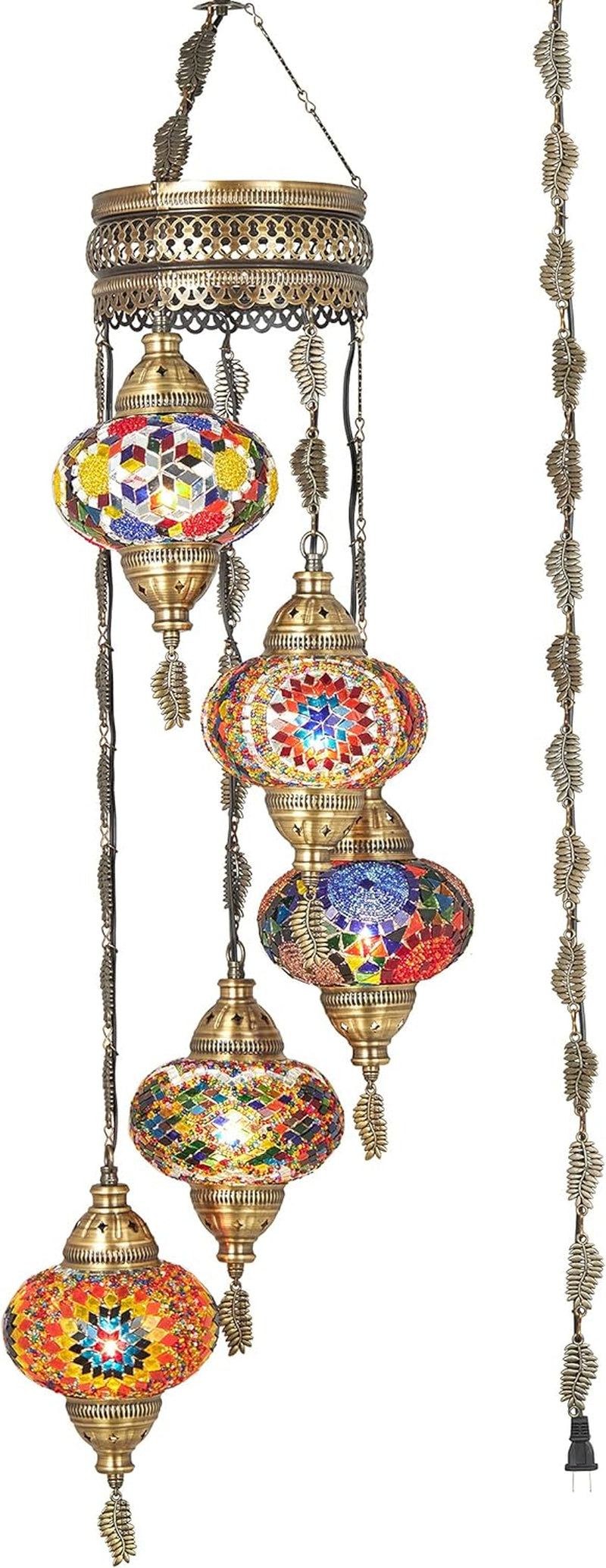 DEMMEX Swag Plug in Light, Turkish Moroccan Colorful Mosaic Stained Glass Wall Plug in Ceiling Hanging Light Chandelier Lighting with 15Feet Chain Cord & Plug, 5 Big Shades (Multicolor)