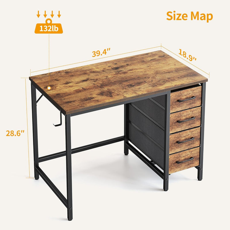 Cubicubi 40 Inch Computer Desk with 4 Drawers, Home Office Small Desk with Storage, Modern Study Writing Desk, Rustic Brown