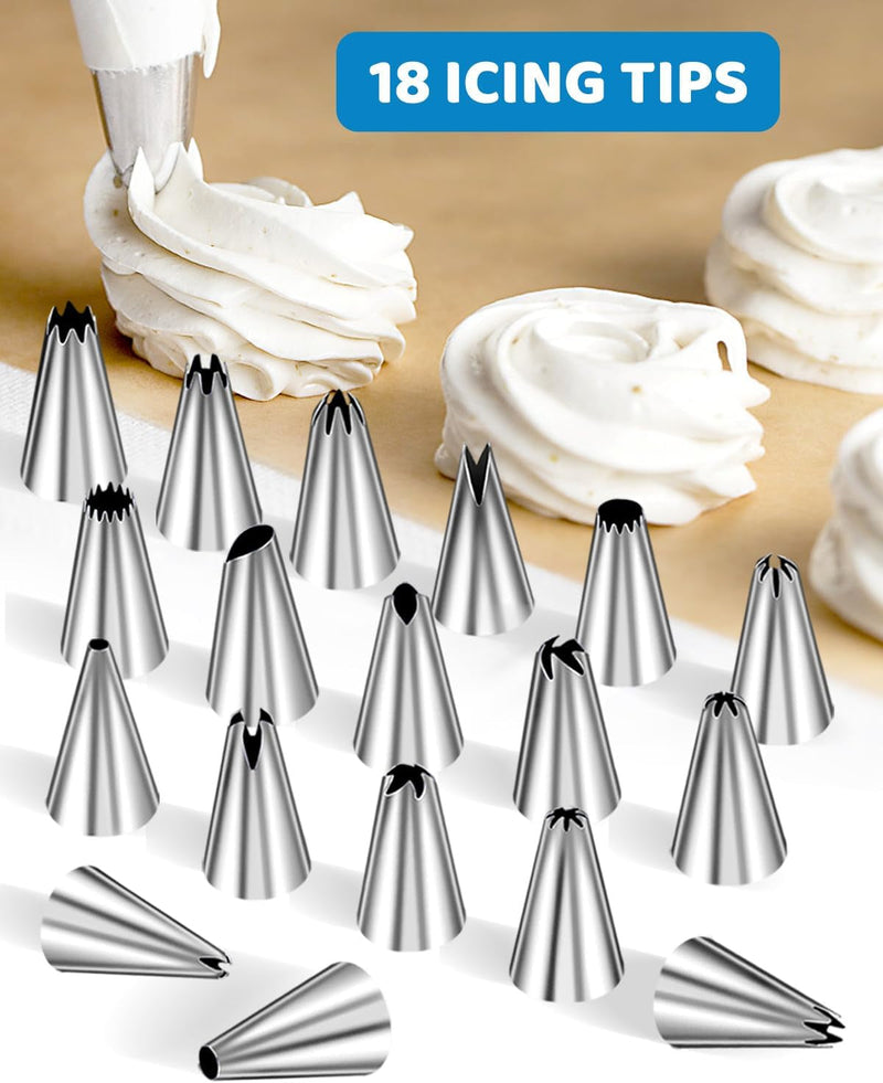 150 Pcs Piping Bags and Tips Set, Cakes Decorating Kit Supplies with 120 Pcs 12 Inch Piping Bags, 1 Reusable Pastry Bags, 18 Tips, 2 Couplers, 2 Bags Ties, 3 Clips, 1 Scriber Needle, 3 Cake Scraper