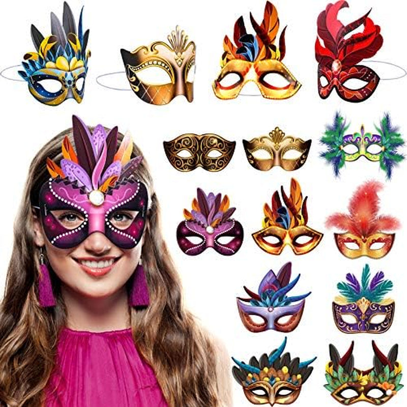 Blulu 24 Pieces Halloween Mardi Gras Masks Carnival Parade Faux Feather Face Masks Masquerade Party New Orleans Masks Fantasy for Halloween Costume Party Favors