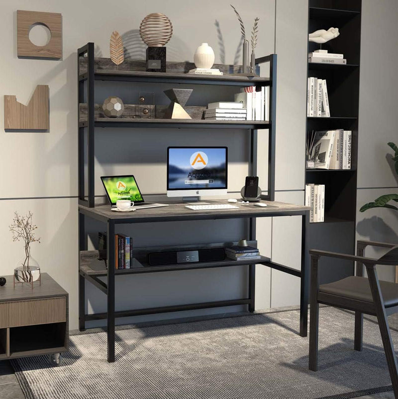 Aquzee Desk with Hutch Bookshelves, Computer Desk with 3 Tiers Storage Shelves, Space Saving Design Black Metal Legs Desk with Grey Board, Easy Assemble