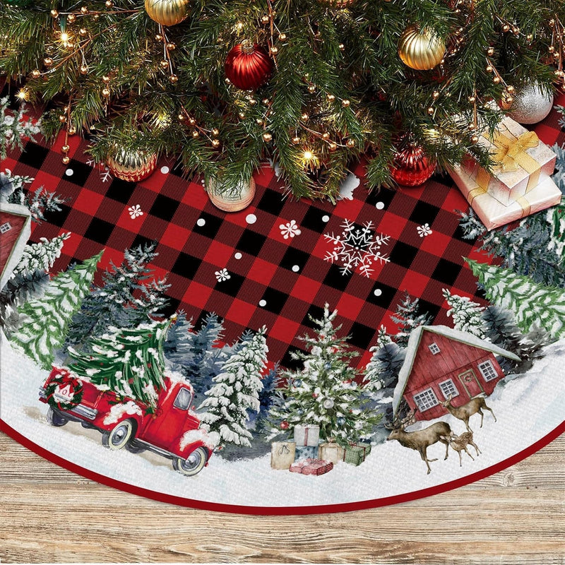 Christmas Tree Skirt 48 Inches, Red Buffalo Plaid with Truck Pencil Tree Skirt, Winter Xmas Tree Mat Decorations for Home Party Holiday Decorations