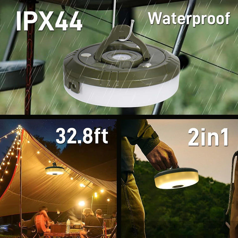 2 in 1 Camping String Lights Set - Outdoor Portable Stowable Camping Lights String & Lanterns, 8 Modes (32.8Ft) Retractable Camping Essentials Waterproof Camp Lights for Tent, Yard, Hiking