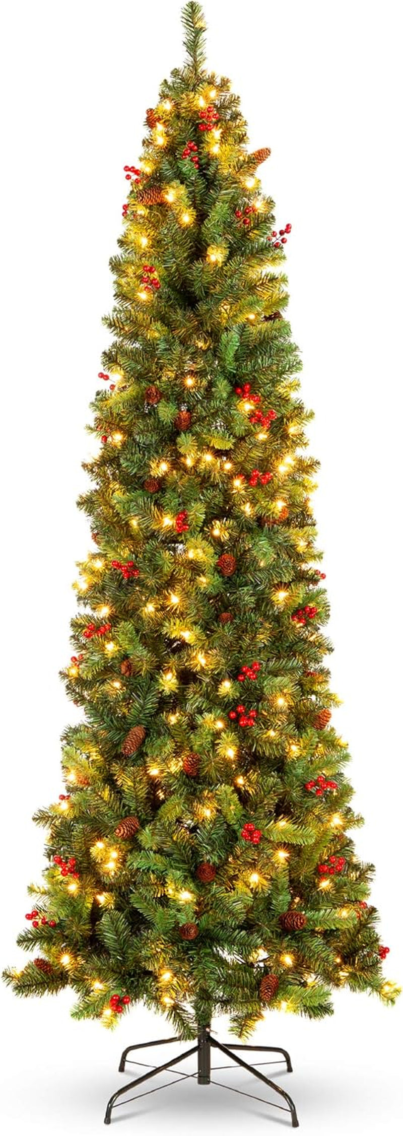 Best Choice Products 6Ft Pre-Lit Spruce Pencil Christmas Tree Pre-Decorated for Home, Office, Party, Holiday Decoration W/ 618 Tips, 250 Lights, Pine Cones, Metal Hinges & Base - Green