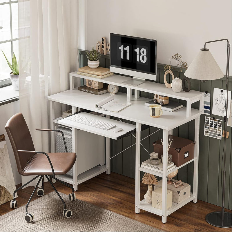 Cubicubi 47 Inch Computer Desk with Storage Shelves Monitor Stand Keyboard Tray, Home Office Desk, Study Writing Table, White