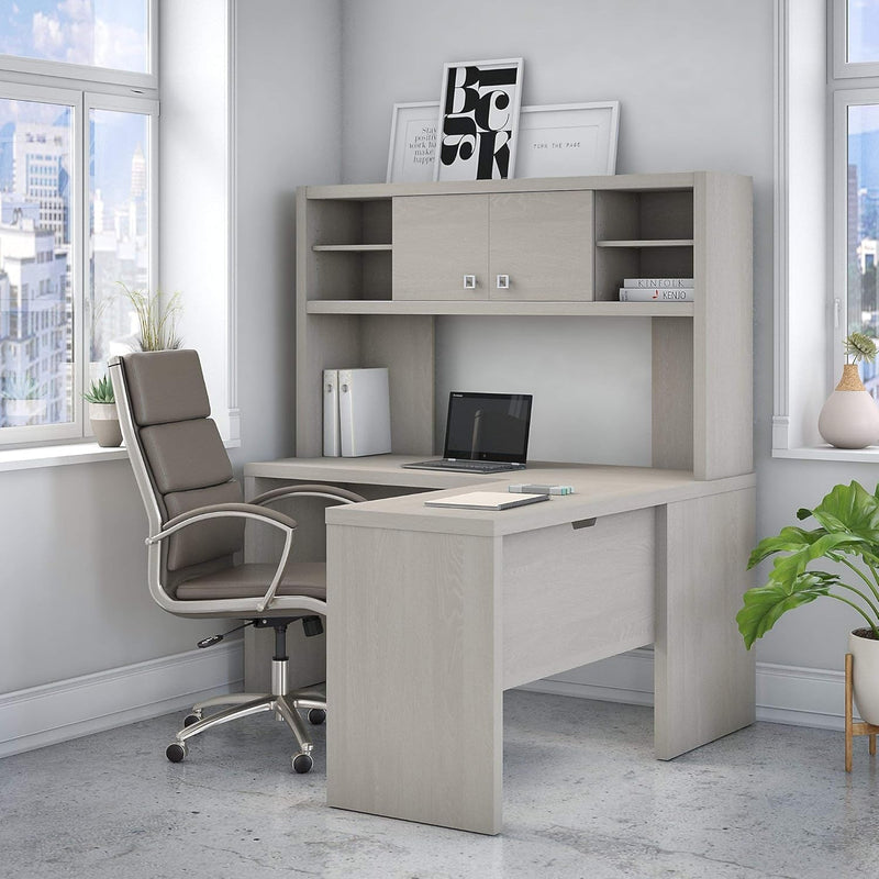 Bush Business Furniture Echo L Shaped Desk with Hutch, 60W, Gray Sand