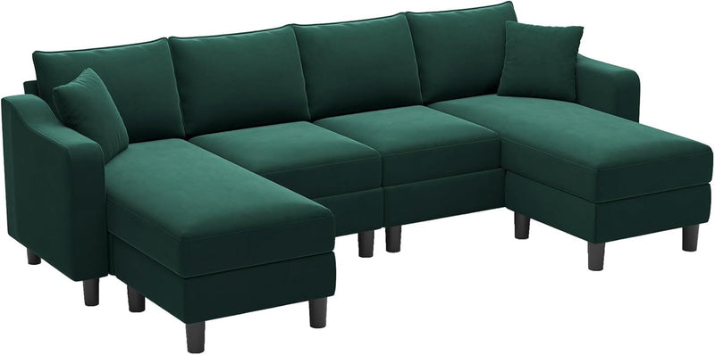 Belffin U Shaped Sectional Sofa Velvet Convertible Sofa with Reversible Chaises Sectional Couches with Ottomans for Living Room (Green)…