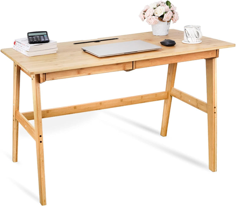 Dicunoy Computer Desk with 2 Drawers, 46" Solid Bamboo Home Office Writing Desk for Small Space, Compact Simple Tables with Gap Design and Hook for PC, Laptop, Students, Study, Makeup, Bedroom