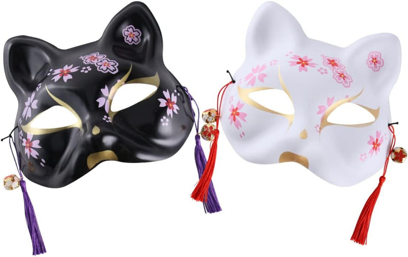 BESTOYARD 2Pcs Halloween Animal Cosplay Kabuki Cat Masks Japanese Fox Mask Masquerade Mask for Dance Performance Makeup Prop Ball Party Favors (Black White)