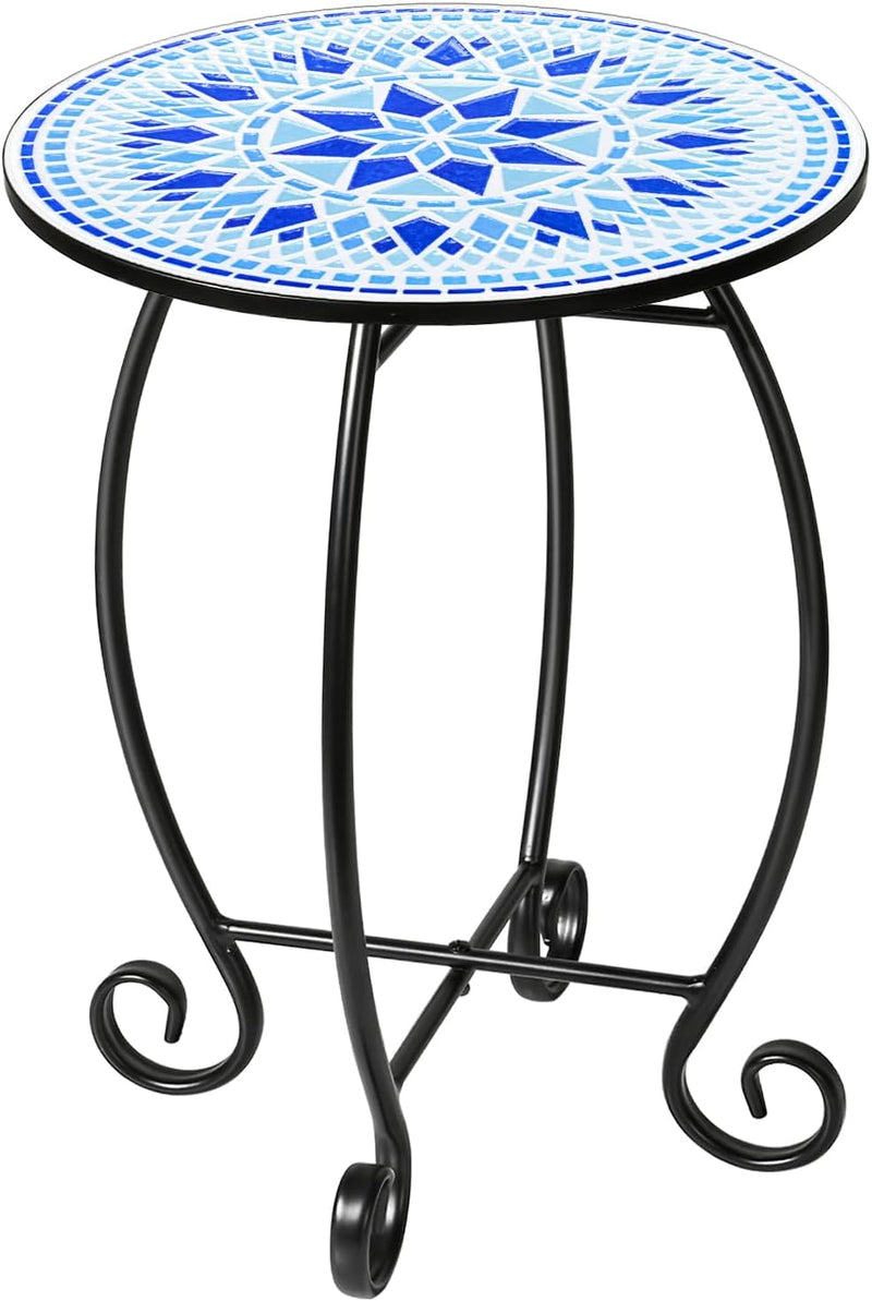 14" Outdoor Side Table, Scrollwork Accent round End Table, Unique Relief Ceramic Tile Tabletop with Metal Frame, Coffee Tea Table Nightstand for Living Room, Bedroom