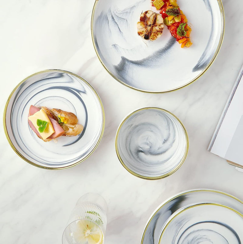 Dinnerware Sets, Marble Gold Line Plates and Bowls Sets Stoneware Dishes Set for 4, 12 Piece White Grey Marble Porcelain round Dinner Dish Sets