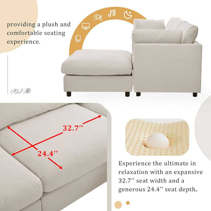 113" Sectional Sofa Couch for Living Room L-Shape Sofa Couch with Ottoman, Upholstered 4-Seat Sofa Couch Fabric Couch Set for Apartment Office Beige