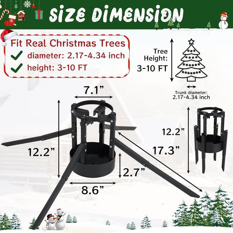 Christmas Tree Stand for Real Trees, Heavy Duty Metal Live Christmas Tree Stand, Universal Adjustable Replacement Xmas Tree Base Holder for Fresh Tree 3-10Ft, Fit 2.17-4.34 Inch Trunk Diameter Black