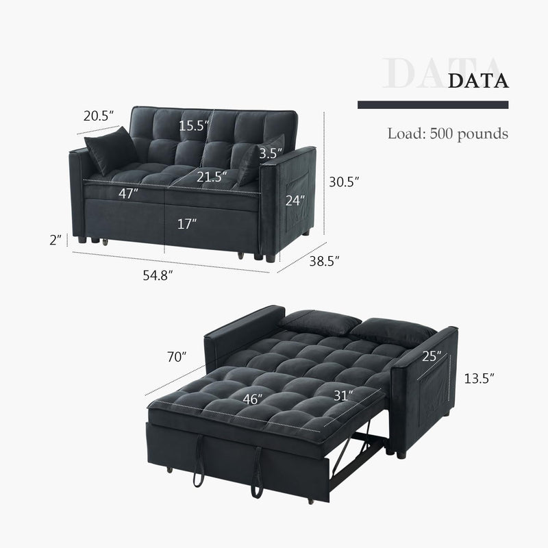 54.8'' Sleeper Sofa Bed 3-In-1 Convertible Couch with Pullout Bed, Reclining Backrest, Storage Pockets – Modern Space Lounge Furniture for Living Room, Includes Toss Pillows,Black