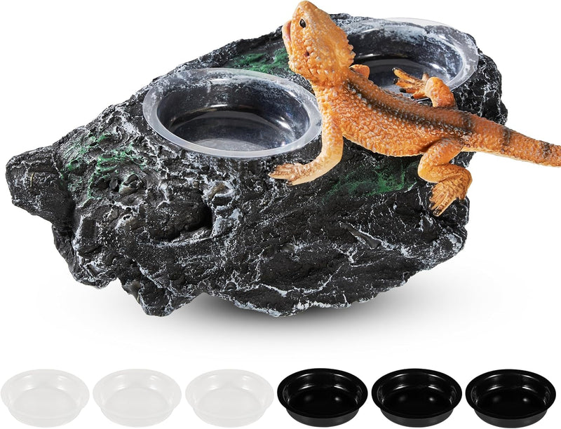 Double Bowl Reptile Water Dish Reptile Water Bowl Crested Gecko Food Dish Gecko Feeding Ledge with 6PCS Feeding Cups for Bearded Dragon Crested Gecko Snake and Chameleon