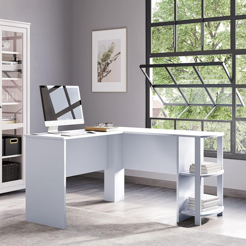 BELLEZE Modern Corner L-Shaped Home Office Computer Laptop Desk or Writing Study Workstation in Wood with Two Open Cubby Storages for Bookshelf - Kent (White)