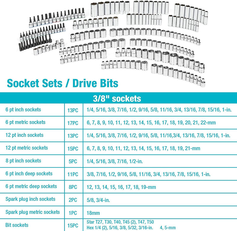 DURATECH 497-Piece Mechanics Tool Set, Include Sae/Metric Sockets, 90-Tooth Ratchet and Wrench Set in 3 Drawer Tool Box