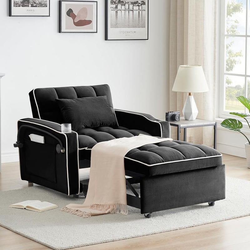 3 in 1 Convertible Sleeper Chair, Modern Pull Out Couch Bed Single Recliner with Adjustable Back, Velvet Futon Folding Sofa Bed Chair for Living Room Bedroom Small Spaces (Black)