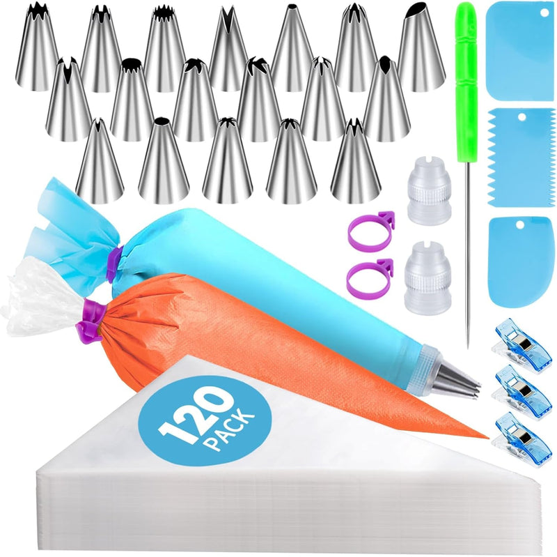 150 Pcs Piping Bags and Tips Set, Cakes Decorating Kit Supplies with 120 Pcs 12 Inch Piping Bags, 1 Reusable Pastry Bags, 18 Tips, 2 Couplers, 2 Bags Ties, 3 Clips, 1 Scriber Needle, 3 Cake Scraper