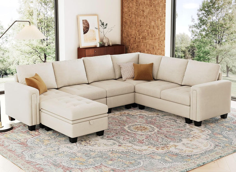 Belffin Velvet Modular Sectional Sofa 7-Seater Convertible Sectional Sofa Modular Sectional with Storage Ottoman L Shaped Couch with Chaises for Living Room Beige