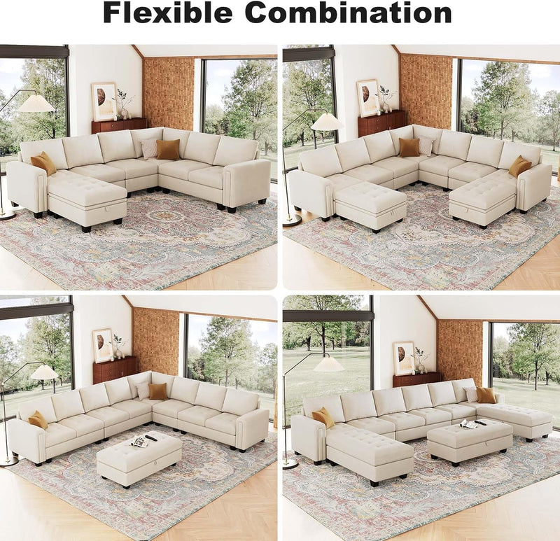 Belffin Velvet Modular Sectional Sofa 7-Seater Convertible Sectional Sofa Modular Sectional with Storage Ottoman L Shaped Couch with Chaises for Living Room Beige