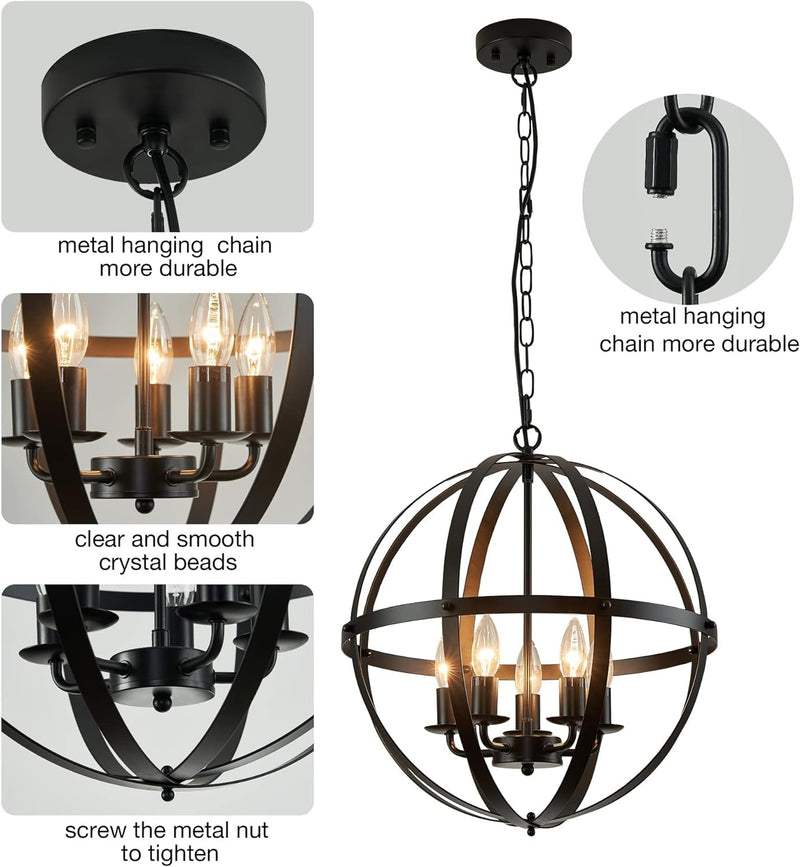 Dumaiway Industrial Pendant Hanging Light, 5-Light Farmhouse Rustic Pendant Light Adjustable Hanging Vintage Spherical Metal Shade for Dining Room, Kitchen, E12 Base Black