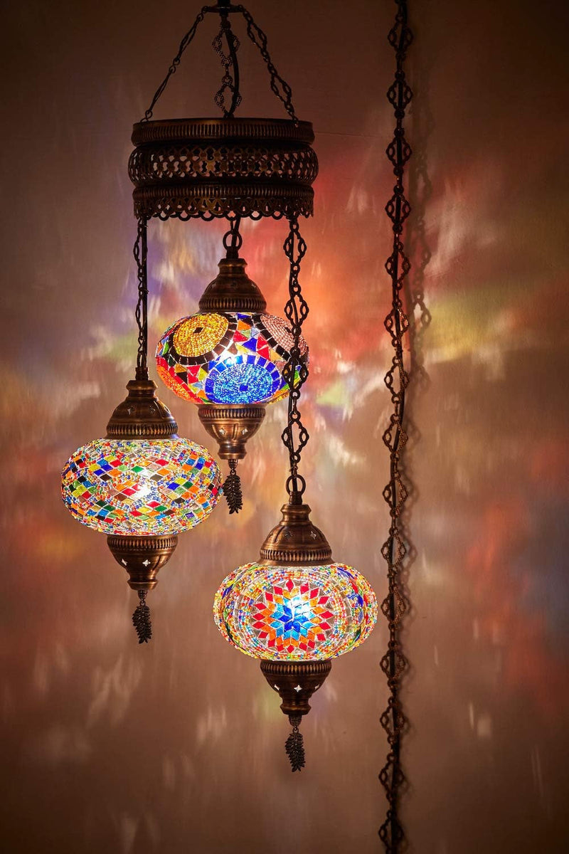 DEMMEX Turkish Moroccan Mosaic Swag Plug in Chandelier Ceiling Hanging Lamp Pendant Light Fixture Lighting, 15Ft Cord Chain and Plug, 3 Big Globes (Multicolor (Plug In))